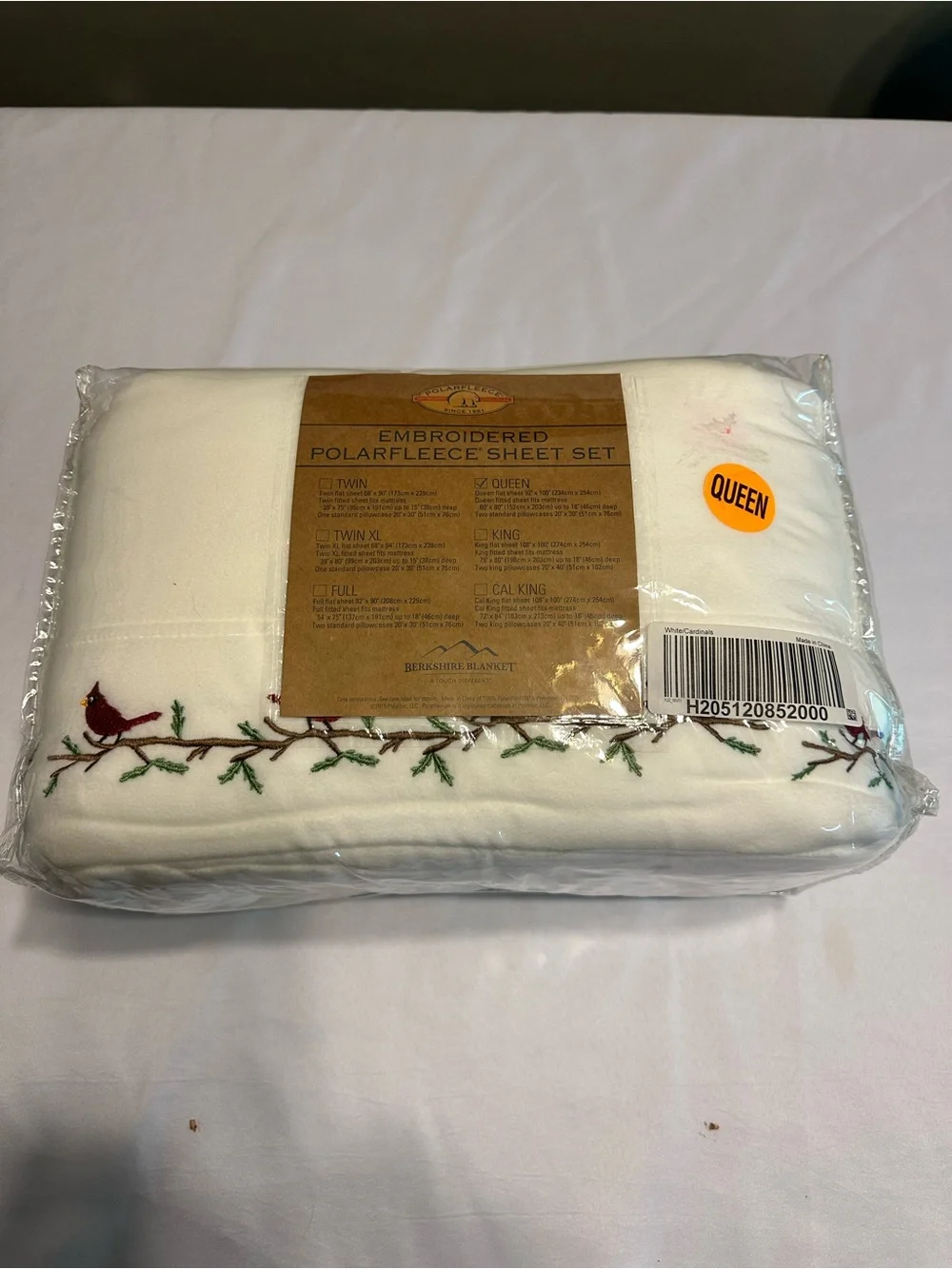 Berkshire Embroidered Polarfleece Sheet Set in White with Red Cardinal